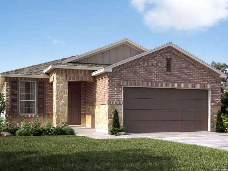 Front exterior of a new home in Thomas Pond, San Antonio, TX, highlighting curb appeal (Image 1). Front exterior of a new home in Thomas Pond, San Antonio, TX, highlighting curb appeal (Image 1).