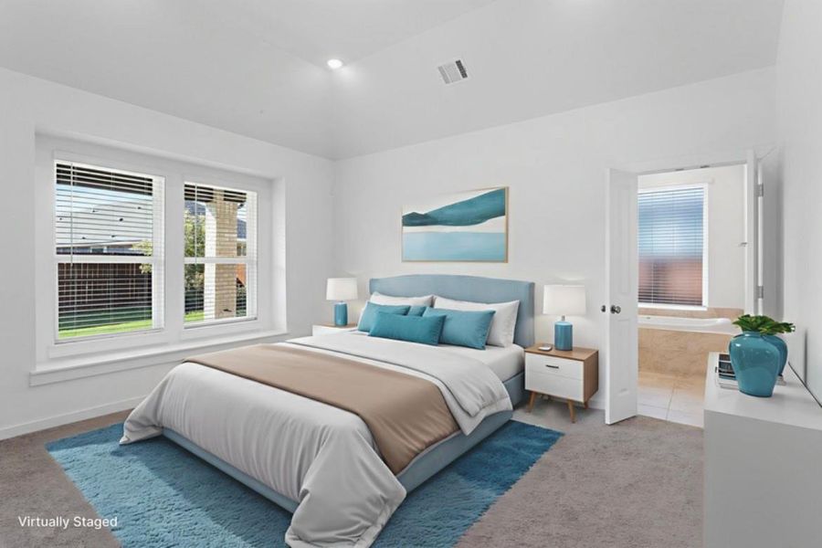 Staged spacious master bedroom with plenty of natural light and peaceful retreat feel with blinds included. Staged spacious master bedroom with plenty of natural light and peaceful retreat feel with blinds included.
