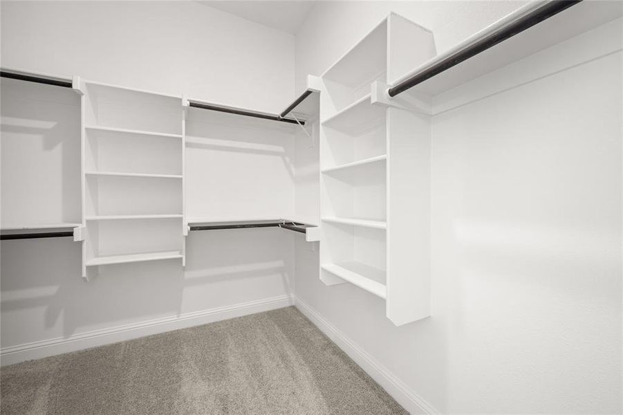 Walk in closet with carpet flooring and built in shelving Walk in closet with carpet flooring and built in shelving