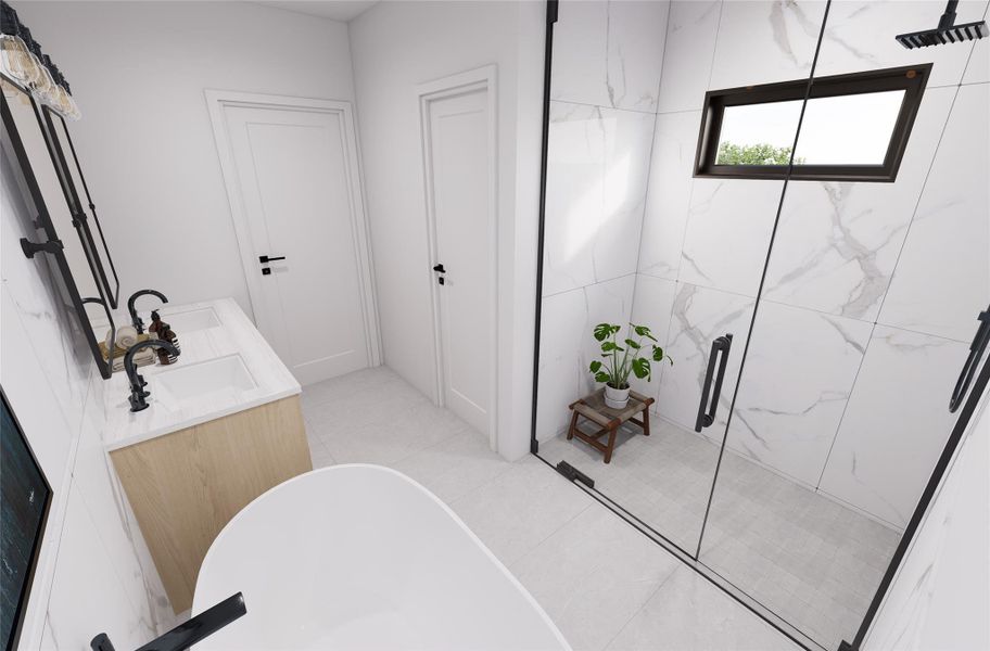 This bathroom features a modern design with a sleek glass-enclosed shower, marble-patterned tile, and a double vanity with stylish black fixtures. A freestanding bathtub adds elegance, while a small window provides natural light. This bathroom features a modern design with a sleek glass-enclosed shower, marble-patterned tile, and a double vanity with stylish black fixtures. A freestanding bathtub adds elegance, while a small window provides natural light.