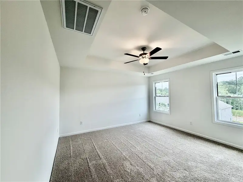 Plush carpeting and an elegant tray ceiling define