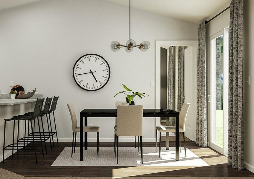 Rendering of the dining room, situated
  between the kitchen and the sliding glass door to the back yard.Â