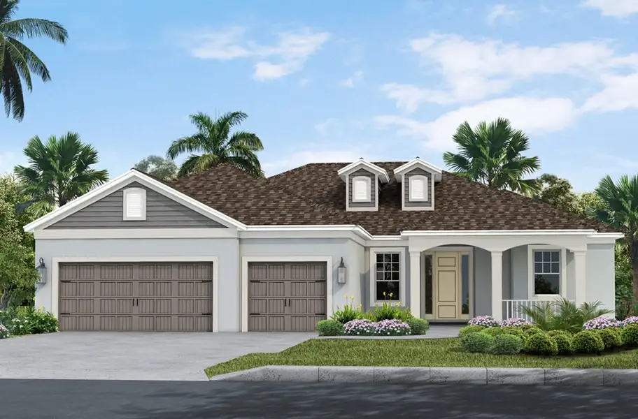 Front exterior of a new home in Canoe Creek, Parrish, FL, highlighting curb appeal (Image 1). Front exterior of a new home in Canoe Creek, Parrish, FL, highlighting curb appeal (Image 1).