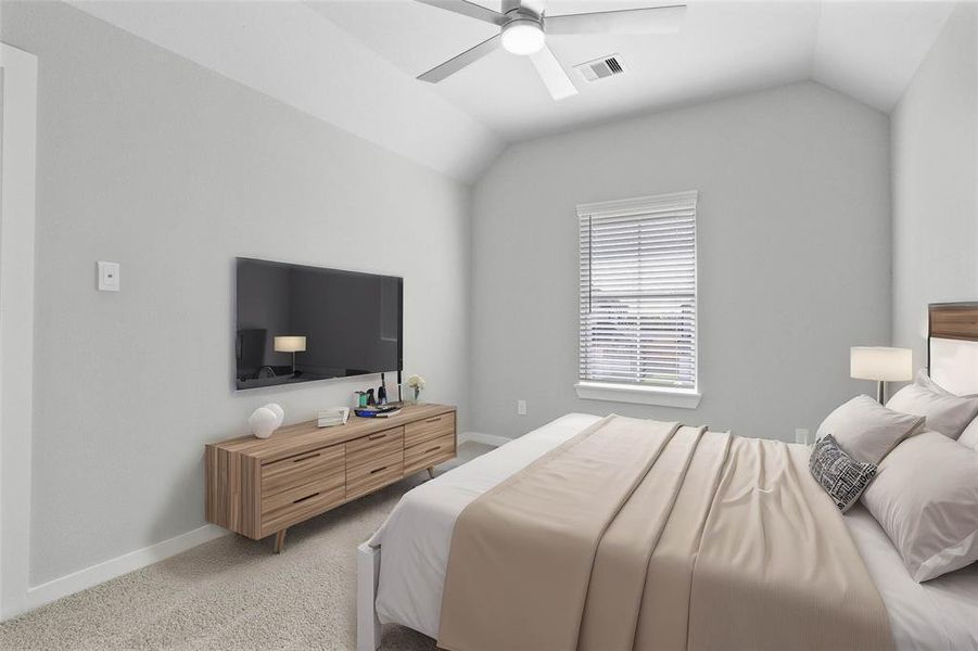 Secondary bedroom features plush carpet, custom paint, high ceilings with ceiling fan, large window with privacy blinds and access to the Jack and Jill bath.