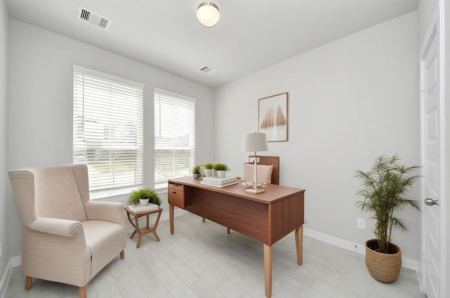 Virtually Staged - Home office. Sample photo of completed home with similar floor plan. Actual colors and selections may vary. Virtually Staged - Home office. Sample photo of completed home with similar floor plan. Actual colors and selections may vary.