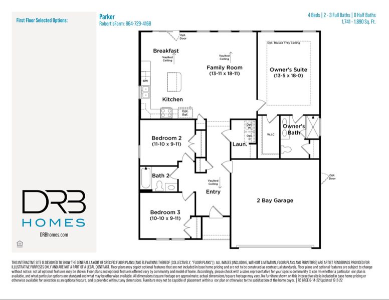 2D floor plan layout for the Parker by DRB Homes in Robert's Farm, Greenville, SC (Image 3).