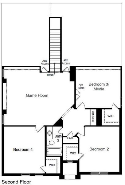 D.R. Horton's The Willow floorplan, 2nd floor - Photos shown here may not depict the specified home and features and are included for illustration purposes only. Elevations, exterior/ interior colors, options, available upgrades, and standard features will vary in each community and may change without notice. May include options, elevations, and upgrades (such as patio covers, front porches, stone options, and lot premiums) that require an additional charge. Landscaping and furnishings are décor items and are not included in purchase price. Call sales agent for more details.