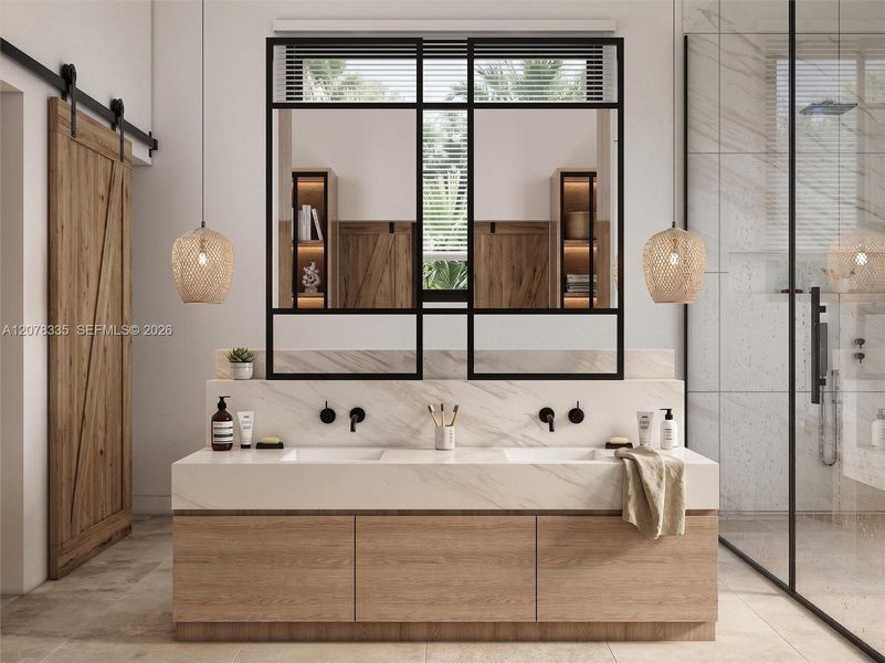 Spa-like bathroom featuring dual vanities, sliding barn door, and round accent mirrors.