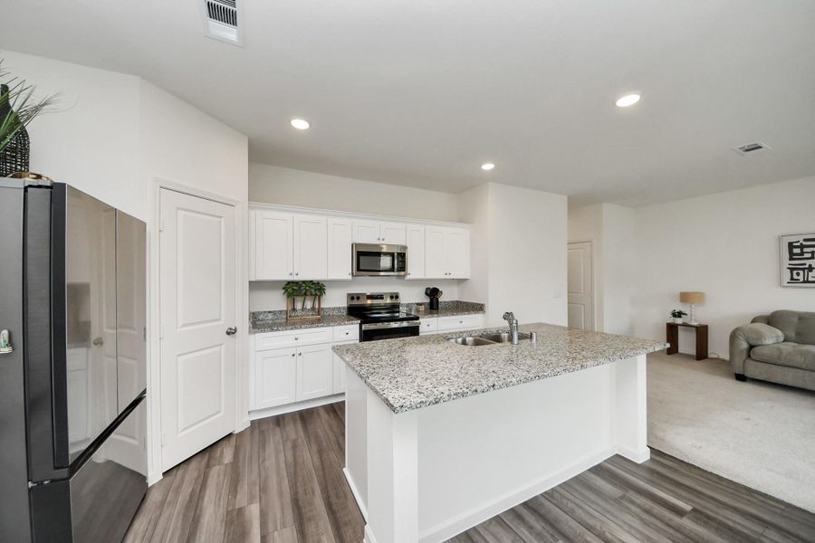 Another view of the modern kitchen with corner walk in pantry and ample workspace countertops.
