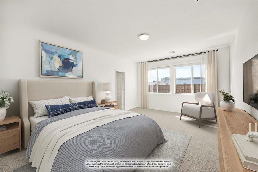 Spacious bedroom with carpet flooring, large window, upholstered bed, and neutral walls with abstract wall art