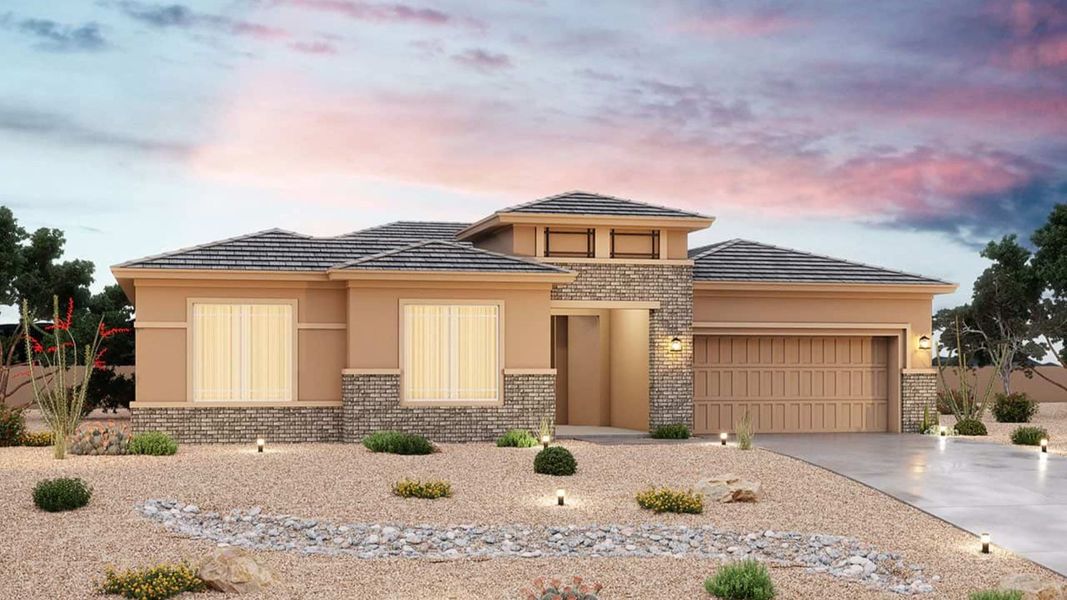 Front exterior of a new home in Arroyo Seco - Palazzo, Buckeye, AZ, highlighting curb appeal (Image 4). Front exterior of a new home in Arroyo Seco - Palazzo, Buckeye, AZ, highlighting curb appeal (Image 4).