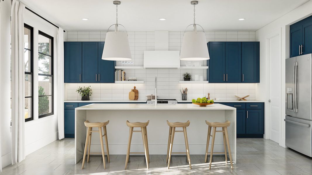 Kitchen with floating shelves and pendant lighting
