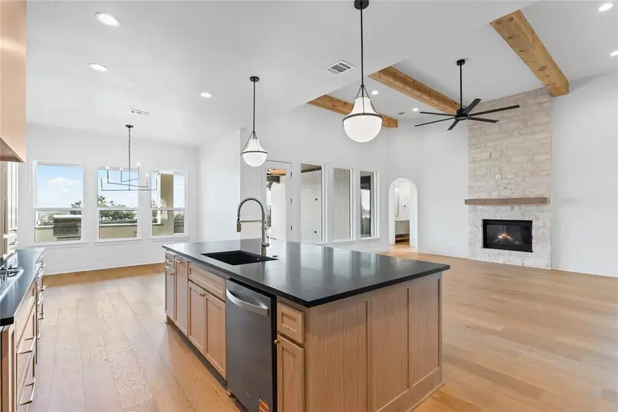 Kitchen with dark countertops, a kitchen island with sink, a fireplace, light wood-style floors, and stainless steel dishwasher