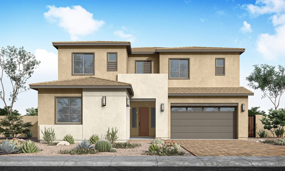 Front exterior of a new home in Soleo, San Tan Valley, AZ, highlighting curb appeal (Image 1). Front exterior of a new home in Soleo, San Tan Valley, AZ, highlighting curb appeal (Image 1).