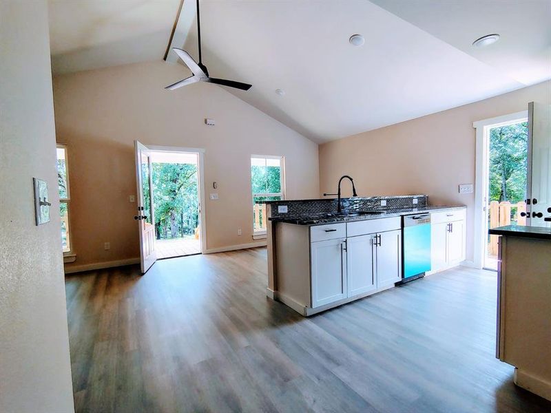 Kitchen with dishwashing machine, ceiling fan, white cabinetry, plenty of natural light, and high vaulted ceiling