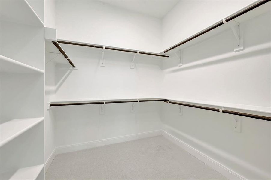 Walk-in closet featuring built-in shelving, white walls, light gray carpet, and multiple clothing rods
