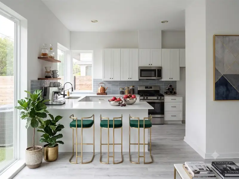 Modern kitchen with sleek white cabinetry, stainless steel appliances, and a spacious island with elegant gold and green bar stools.