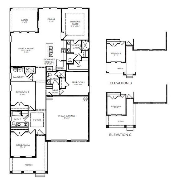 2D floor plan layout for the BELLMORE by D.R. Horton in Waterleigh, Winter Garden, FL (Image 2).
