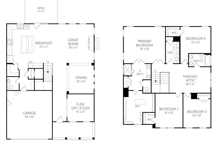 2D floor plan layout for the Kingsley - Single Family Homes by Dream Finders Homes in Tidewater at Lakes of Cane Bay, Summerville, SC (Image 3). 2D floor plan layout for the Kingsley - Single Family Homes by Dream Finders Homes in Tidewater at Lakes of Cane Bay, Summerville, SC (Image 3).