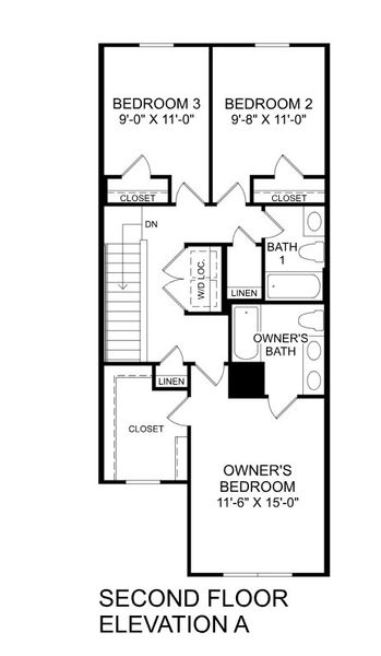 2D floor plan layout for the Pine by Ryan Homes in Cherry Grove Townhomes, Kannapolis, NC (Image 3).