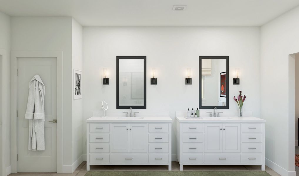 Primary bath with freestanding vanity