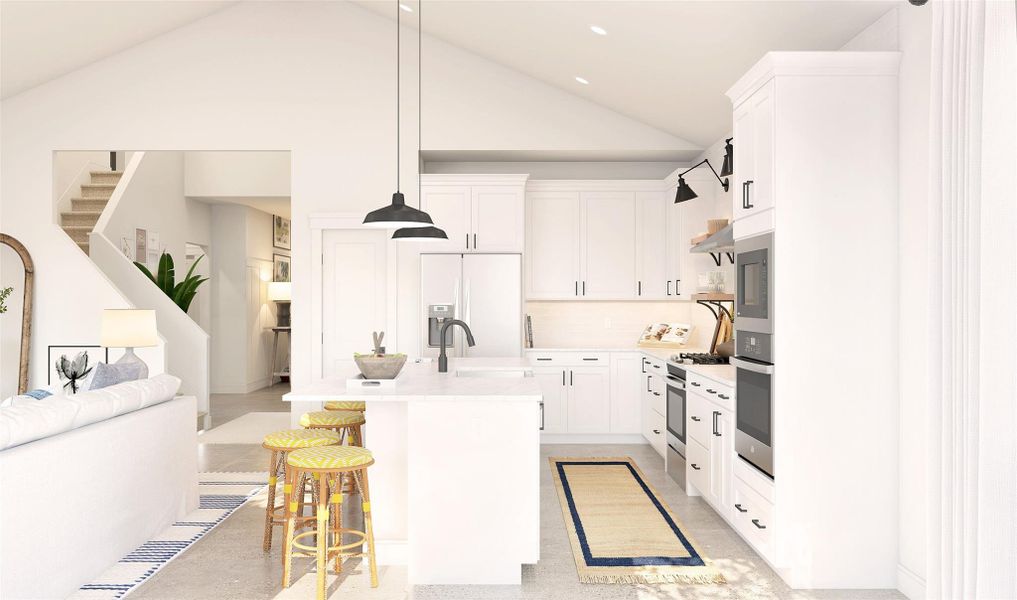 Gorgeous kitchen with white cabinets, quartz counters, and stainless appliances (*Artist rendering used for illustration purposes only.)