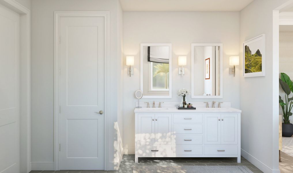 Primary bath featuring freestanding vanity with dual sinks