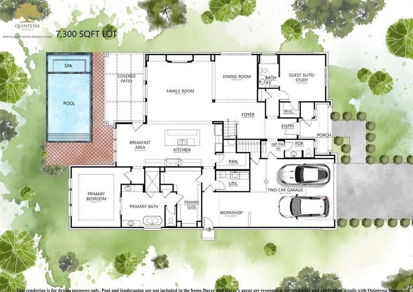 Artist Rendering of 1st floor on site plan. Pool and sod not included in home.