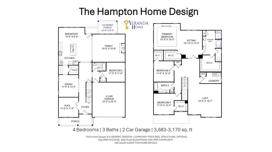 2D floor plan layout for the Hampton by Veranda Homes in Foxbank, Gray Court, SC (Image 3).
