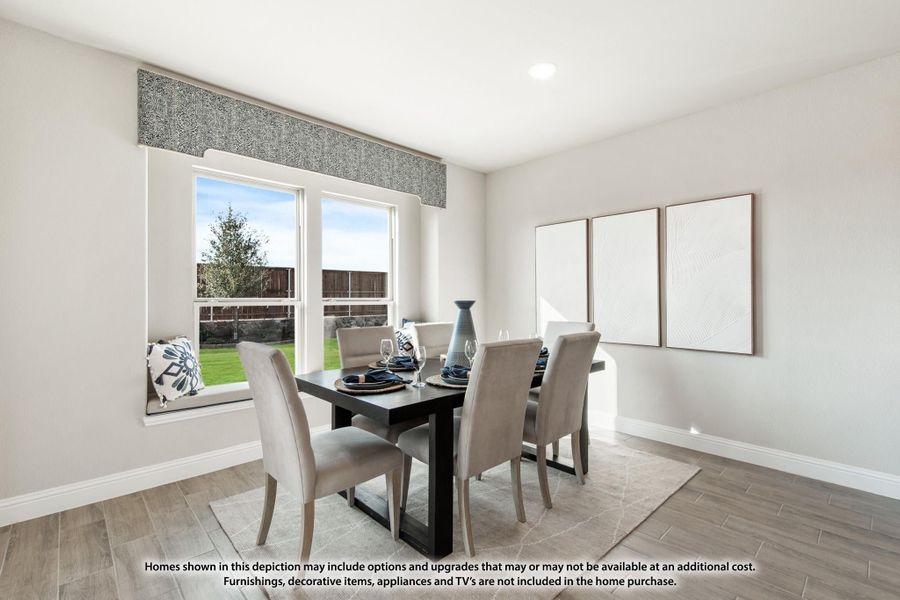 Dining room with dark wood table, six gray chairs, window seat, and wood-look tile floors Dining room with dark wood table, six gray chairs, window seat, and wood-look tile floors