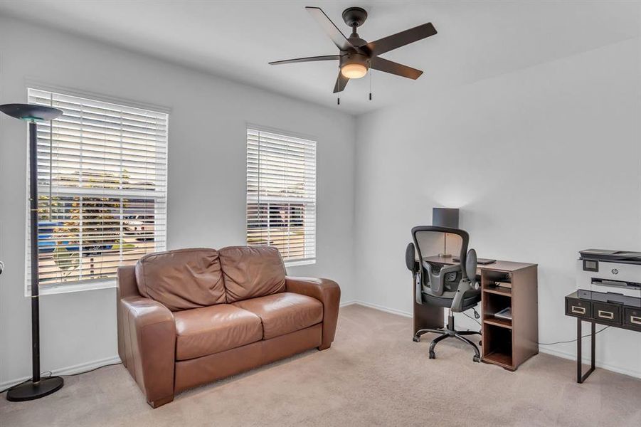 Office space featuring carpet floors and ceiling fan