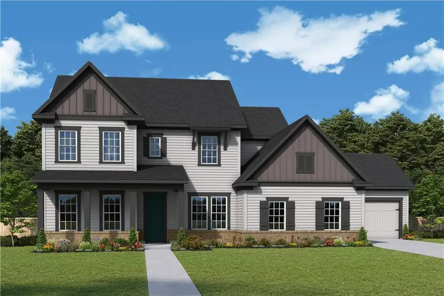 Front exterior of a new home in Meadow Brook Farms, Cumming, GA, highlighting curb appeal (Image 1).