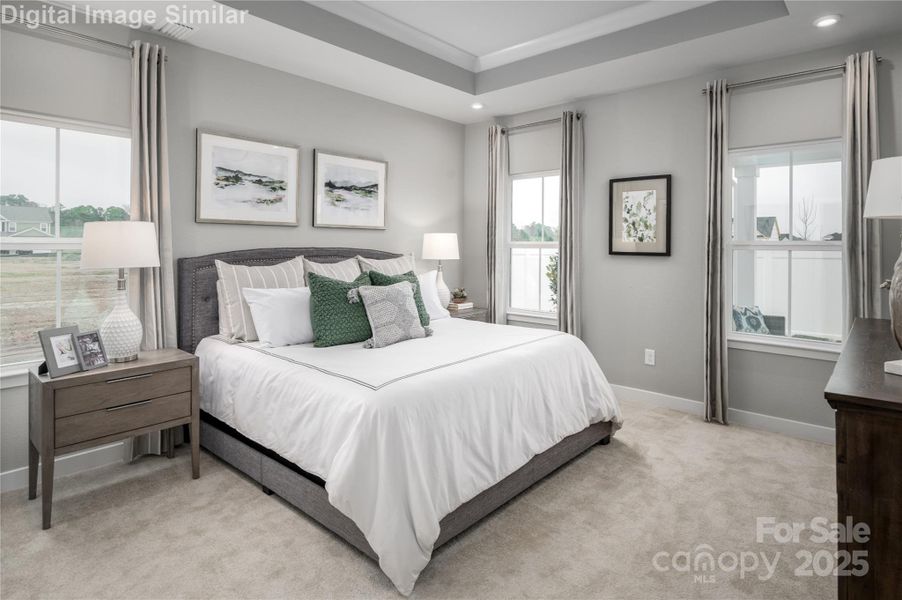 Retreat to your dream sanctuary—this cozy primary bedroom is a light-filled haven with walls of windows that welcome the sun. A stunning tray ceiling adds architectural charm, while its main-level location offers everyday ease. Wake up inspired, unwind in style, and let comfort wrap around you like a warm hug.