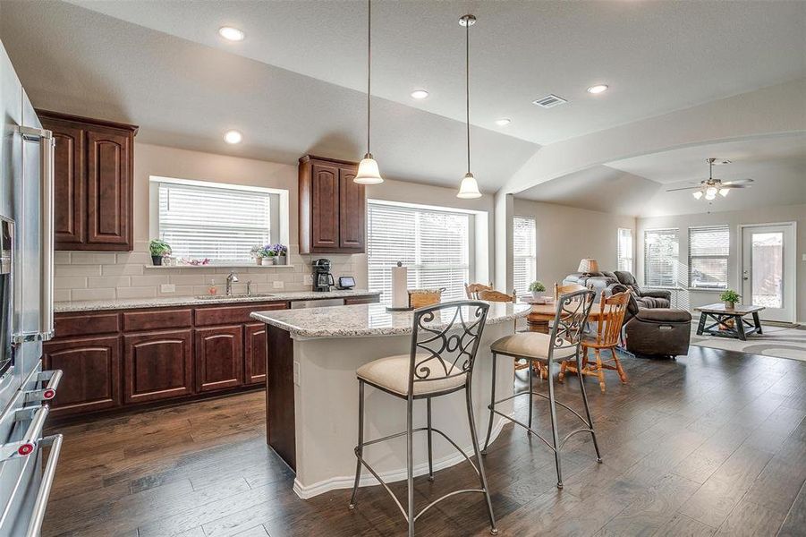 Kitchen featuring a center island, dark hardwood / wood-style floors, a healthy amount of sunlight, and vaulted ceiling