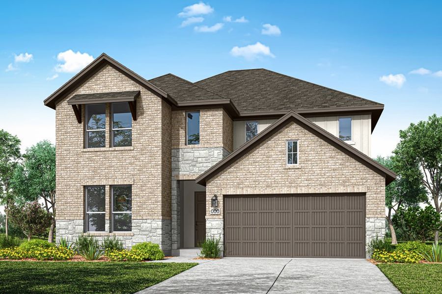 Front exterior of a new home in Lagos Reserve, Manor, TX, highlighting curb appeal (Image 1).