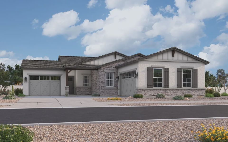 Representative exterior photo of a completed home built from the Atwood by Elliott Homes in Valencia at Granite Vista, Waddell, AZ (Image 1). Representative exterior photo of a completed home built from the Atwood by Elliott Homes in Valencia at Granite Vista, Waddell, AZ (Image 1).