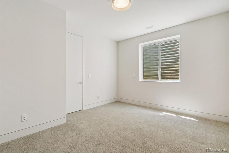 Lower level bedroom has  custom closet and lighted window wells!