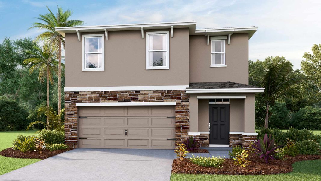Front exterior of a new home in Angeline, Land O' Lakes, FL, highlighting curb appeal (Image 1). Front exterior of a new home in Angeline, Land O' Lakes, FL, highlighting curb appeal (Image 1).