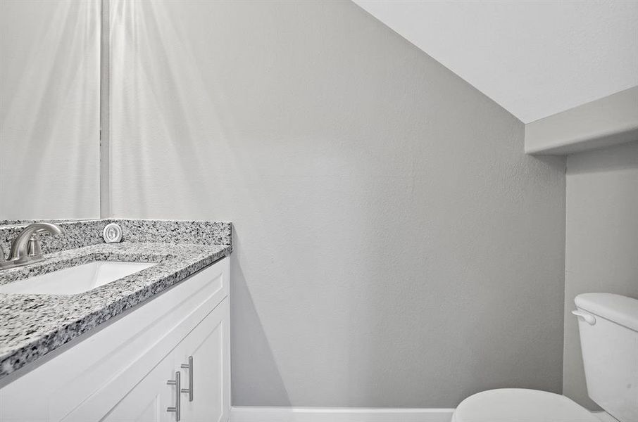 Bathroom featuring toilet, vanity, and vaulted ceiling