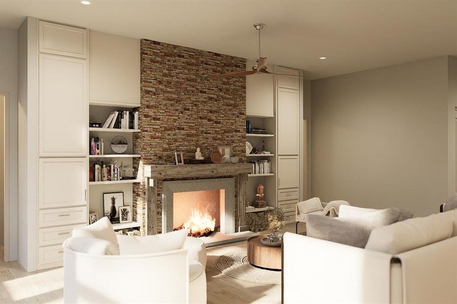 Living room with built in shelves, a fireplace, and light wood-type flooring
- Architectural Rendering