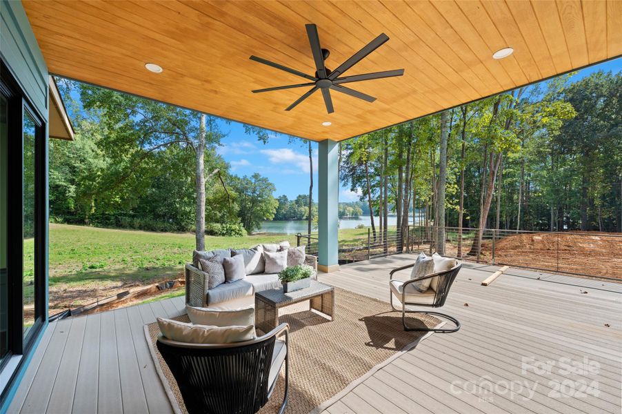 Main level covered deck with lake views