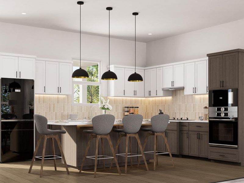 A thoughtfully designed kitchen with abundant counter space, modern appliances, and seamless flow into the living areas. Image depicts artist's rendering. Colors and selections my vary from the final product. See New Home Consultant for details.