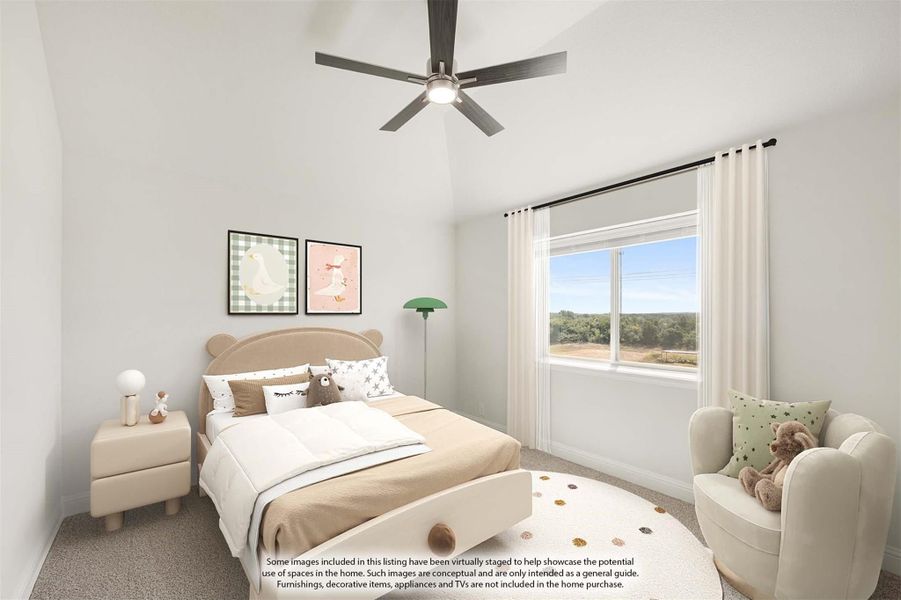 Children's bedroom with vaulted ceiling, ceiling fan, single bed, and large window with outdoor views