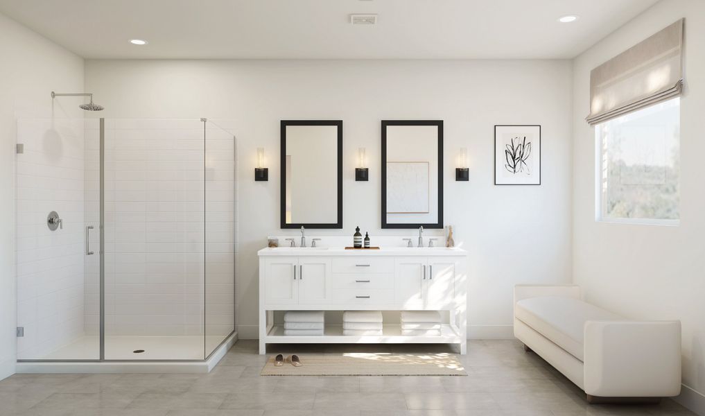 Primary bath with freestanding vanity