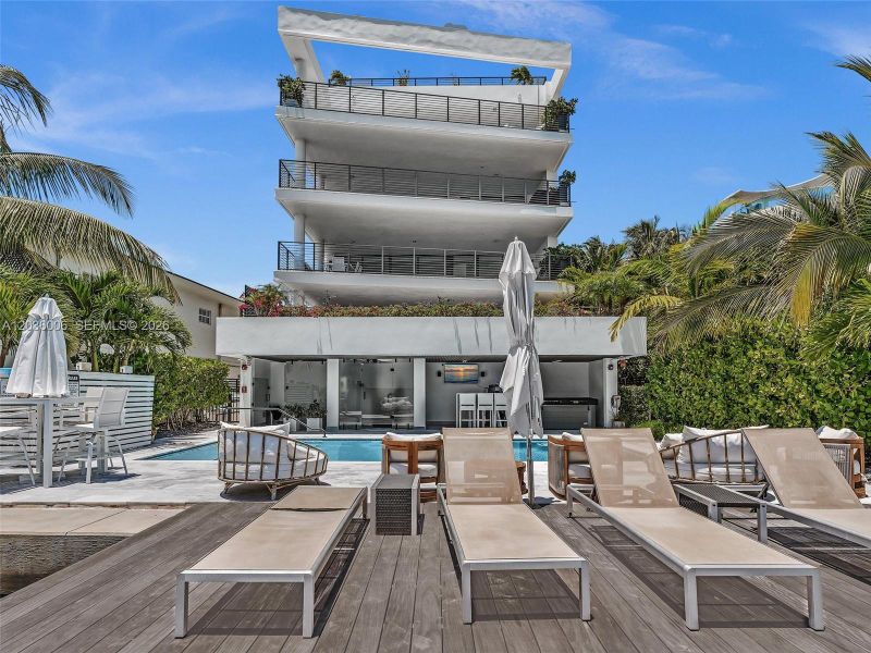 Pool with outdoor furniture with Direct Bay Views.