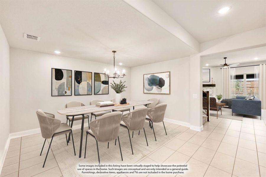 Dining room with eight-seat table, chandelier, tile floors, and open view to living room Dining room with eight-seat table, chandelier, tile floors, and open view to living room