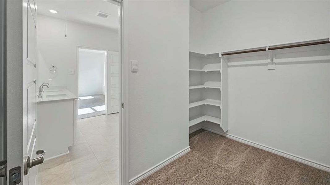 Walk-in closet featuring carpet flooring, built-in shelving, and a clothing rod Walk-in closet featuring carpet flooring, built-in shelving, and a clothing rod