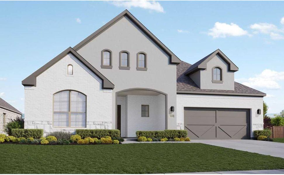 Front exterior of a new home in Hawkes Landing, Leander, TX, highlighting curb appeal (Image 1). Front exterior of a new home in Hawkes Landing, Leander, TX, highlighting curb appeal (Image 1).