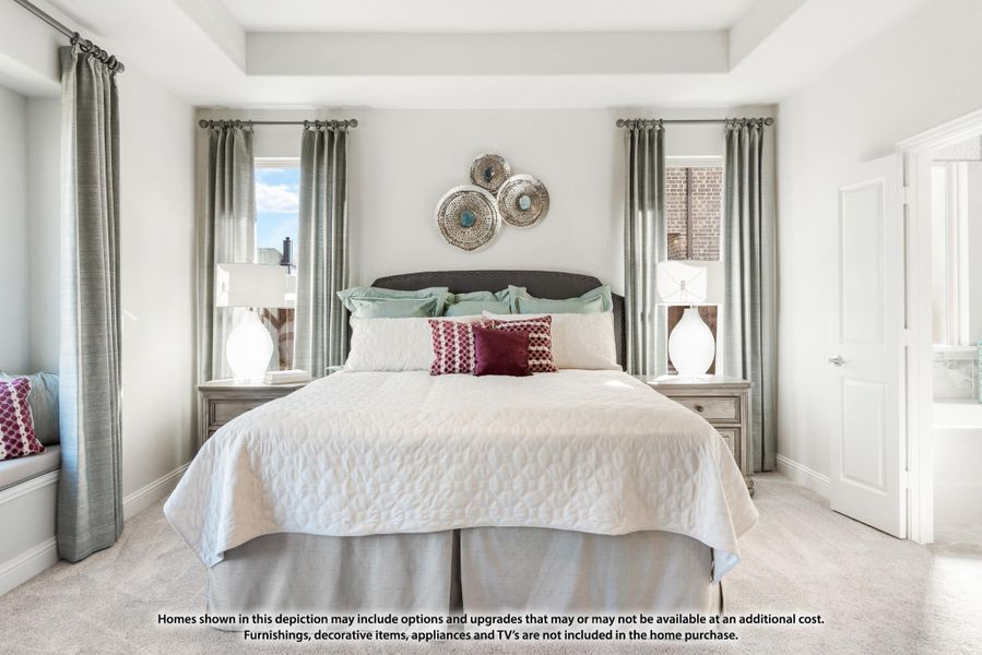 Bedroom with tray ceiling, king bed, gray curtains, and carpet flooring flanked by two windows and nightstands