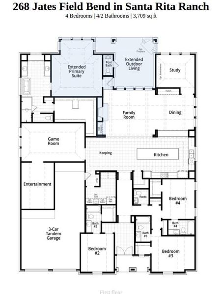 2D floor plan layout of this home in Santa Rita Ranch, Liberty Hill, TX (Image 3).